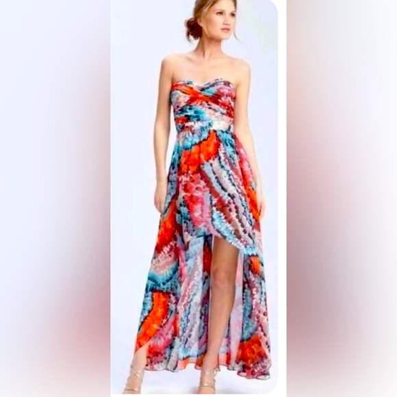 Aidan Mattox Hi Low Feather print strapless chiffon gown, Size 4 - Picture 2 of 9